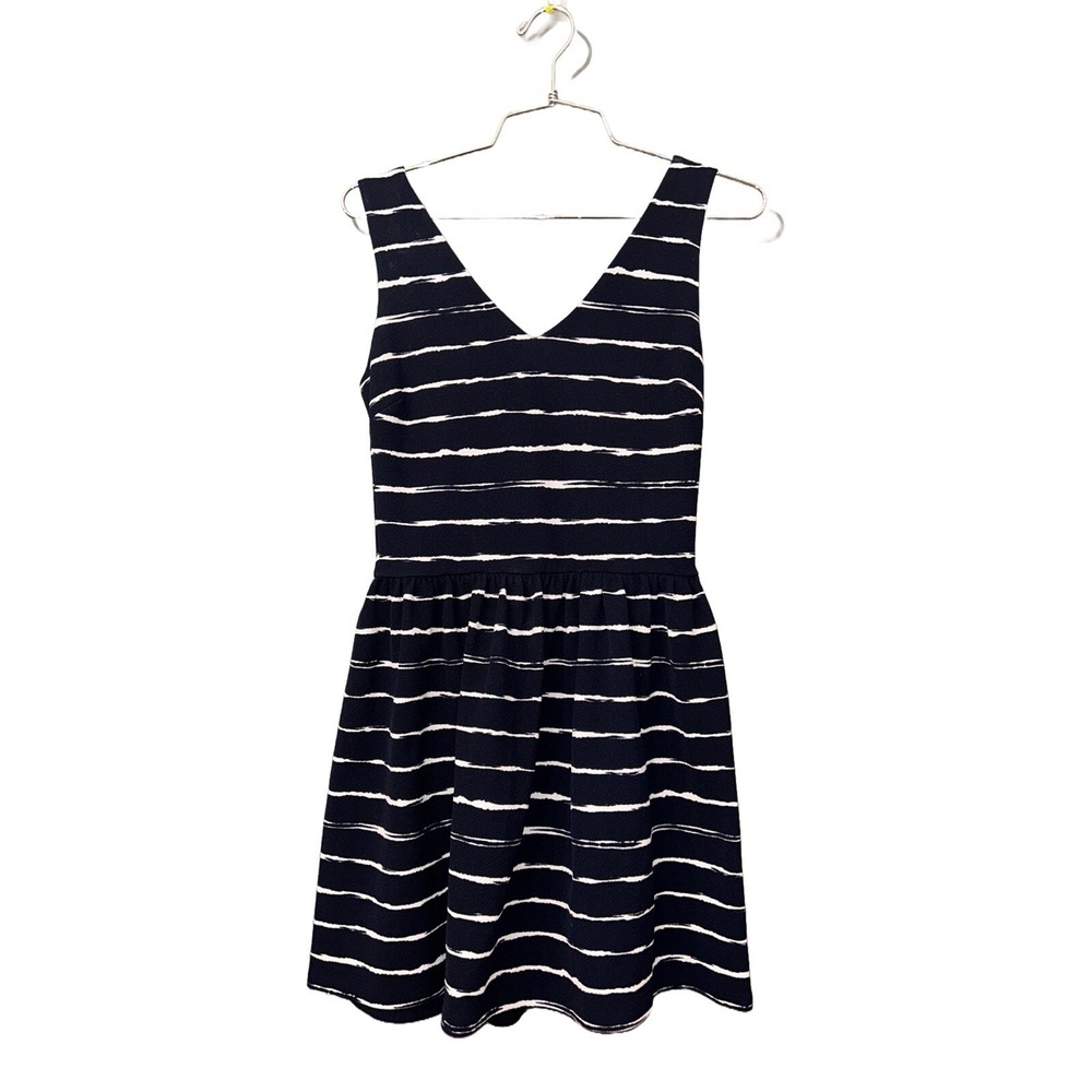 AQUA‎ Navy Blue White Striped Sleeveless V-Neck Fit and Flare Mini Dress Size S